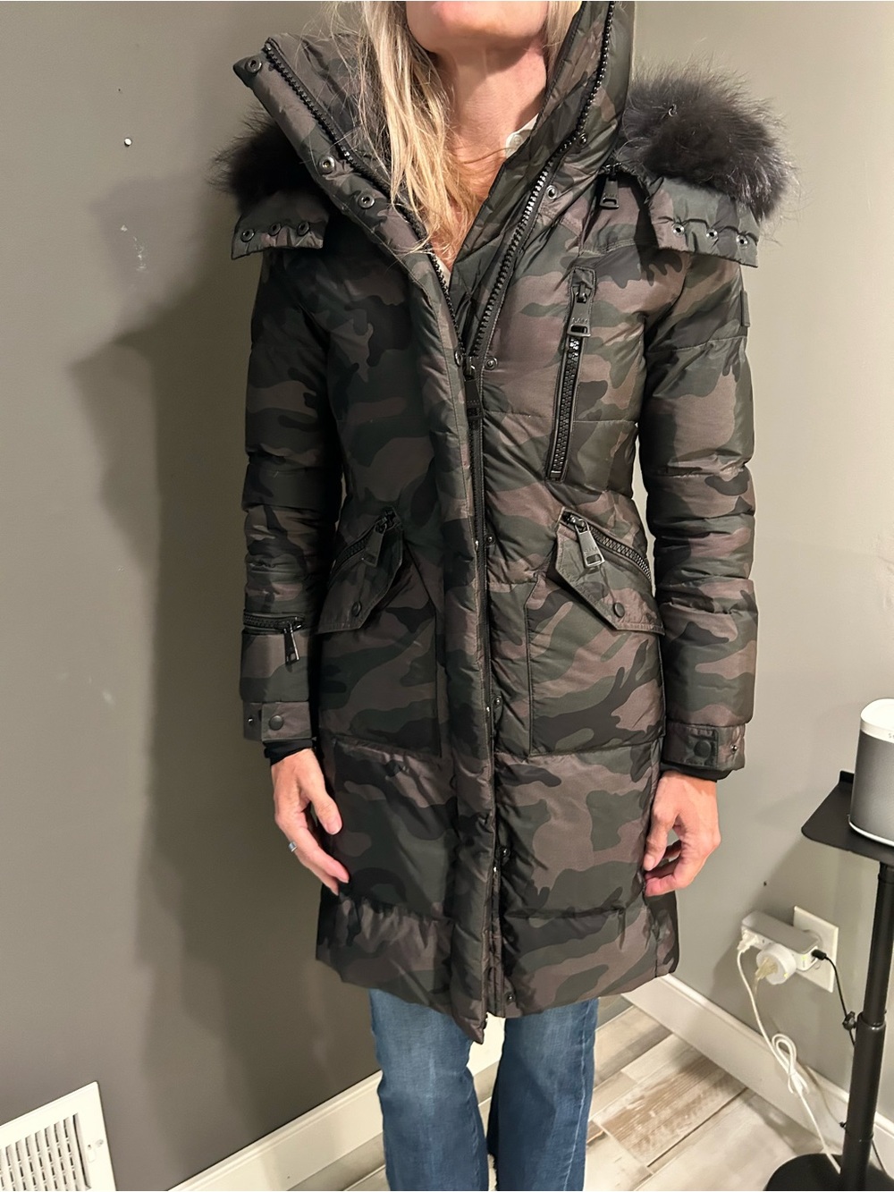 SAM. Women's Camouflage Long Puffer Coat with Faux Fur Hood - Olive & Black